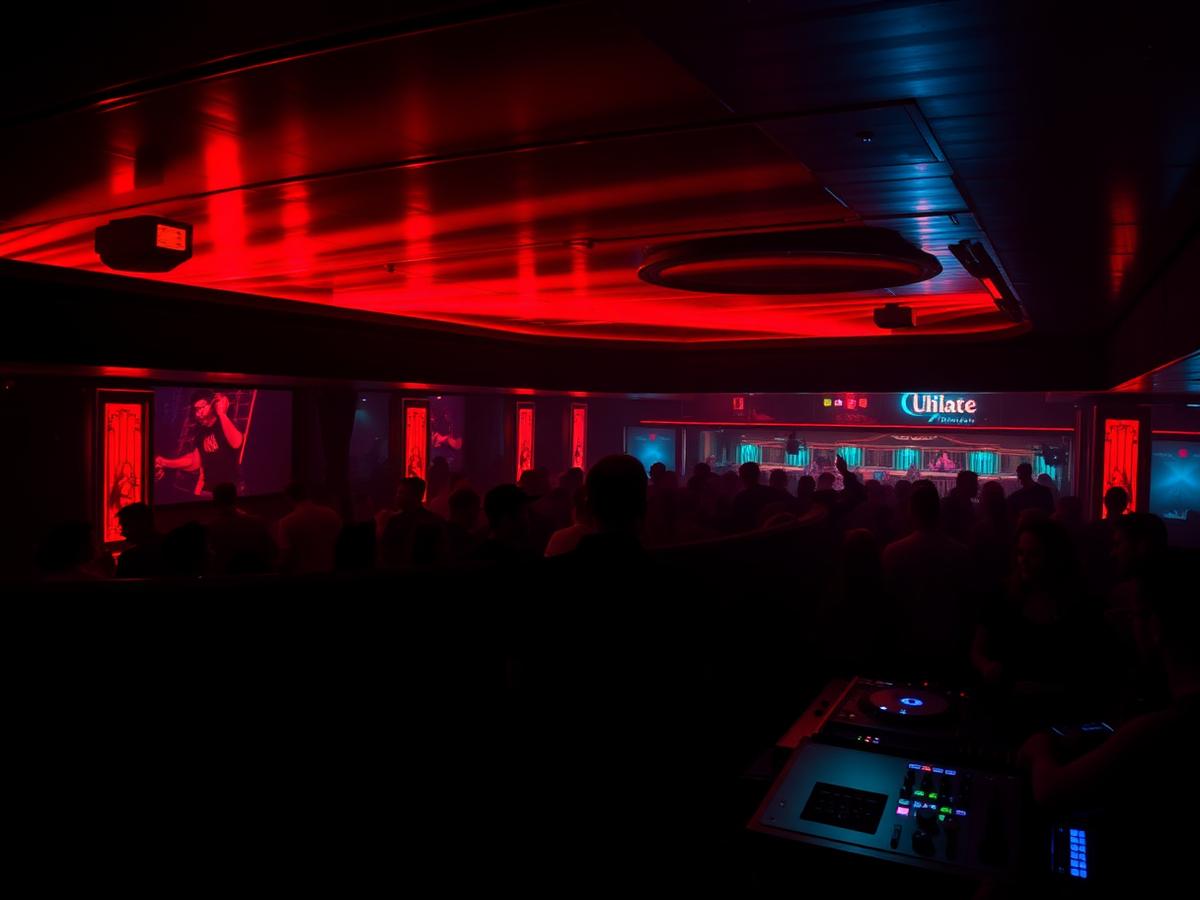 Dark onboard lounge lit in deep red with a packed crowd
